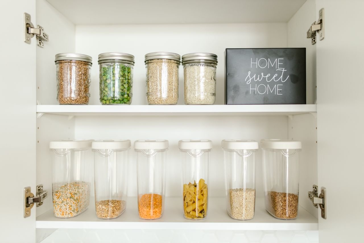 Organized pantry with labeled jars